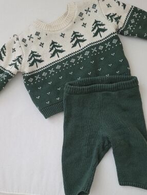 Kids Green & Cream Holiday Knit Matching Set
